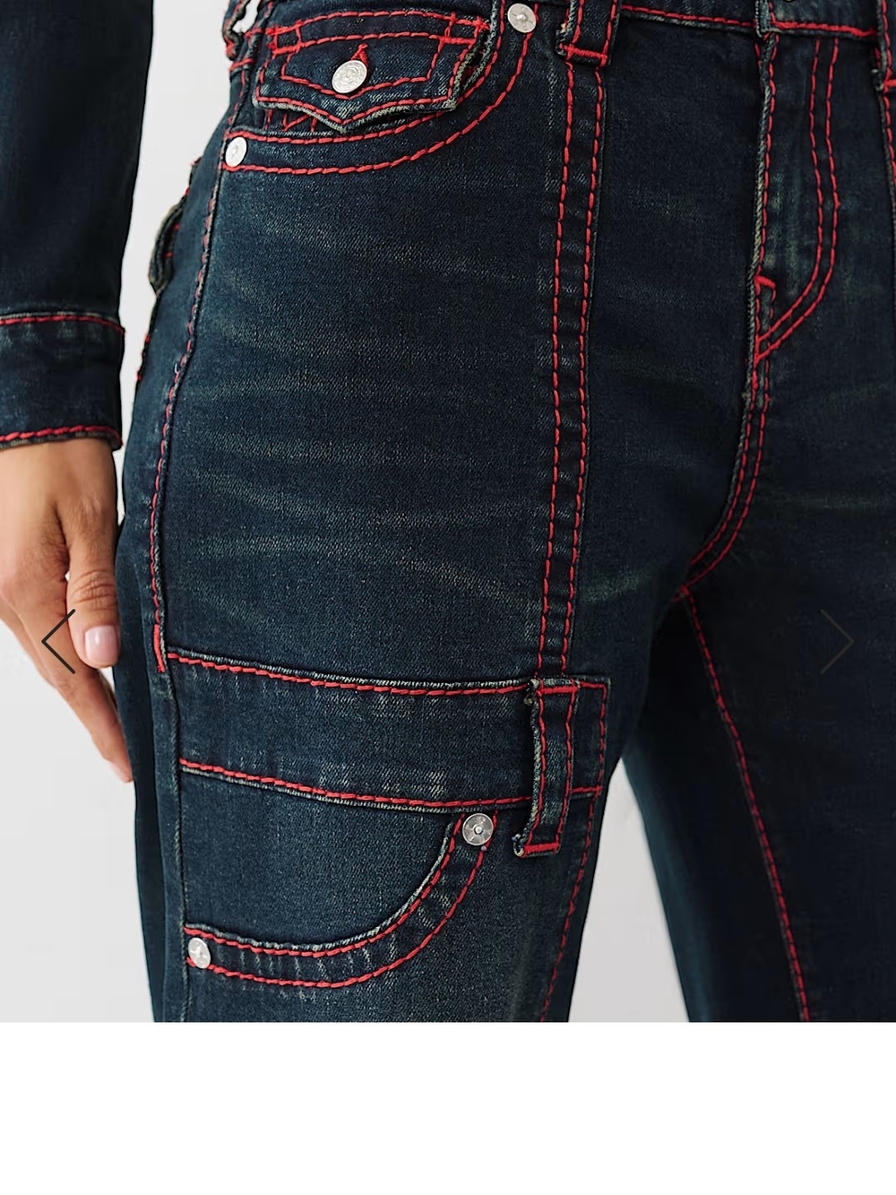 True Religion Dark Indigo Wide-Leg Jeans with Red Contrast Stitching - Picture 3 of 5